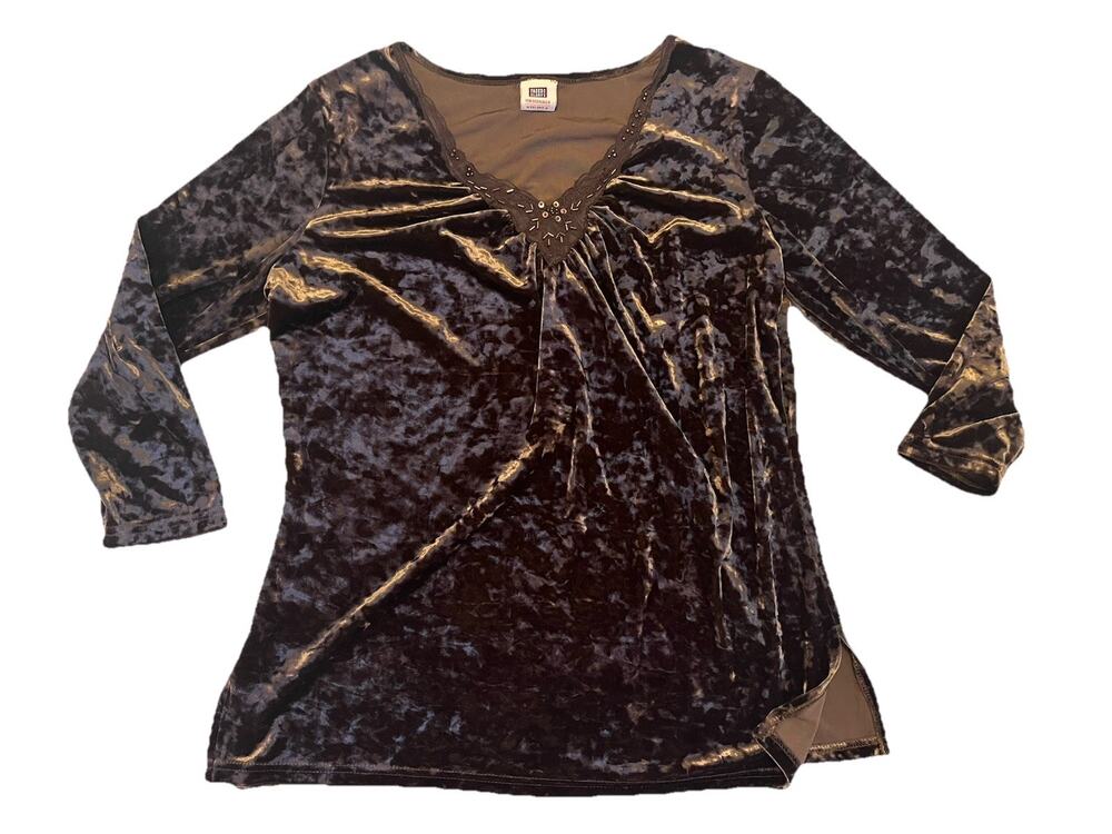 VTG Faded Glory Top Holiday Velvet Choco Brown Fairy Grunge Y2K Lace Beads L XL